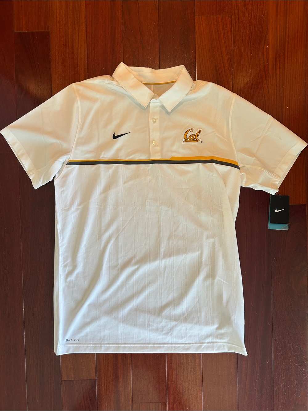 Nike White Golf polo shirt  with Gold and Black Chest Stripe